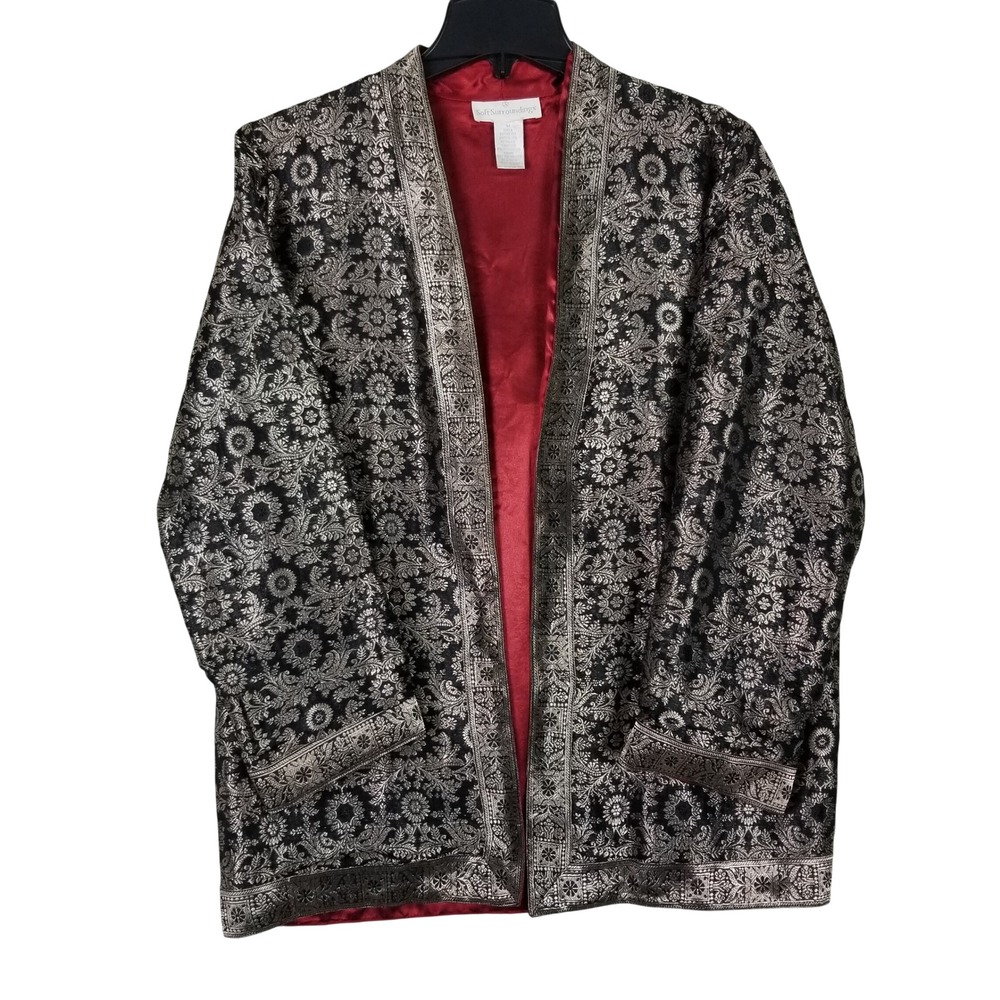 Soft Surroundings Jacket Womens Medium Black Silver Metallic Floral Brocade Open